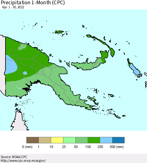 Papua New Guinea Precipitation 1-Month (CPC) Thematic Map For 4/1/2022 - 4/30/2022
