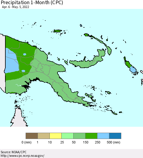 Papua New Guinea Precipitation 1-Month (CPC) Thematic Map For 4/6/2022 - 5/5/2022