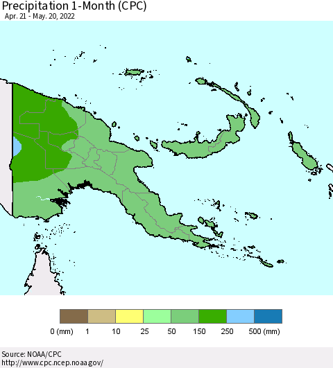 Papua New Guinea Precipitation 1-Month (CPC) Thematic Map For 4/21/2022 - 5/20/2022