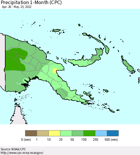 Papua New Guinea Precipitation 1-Month (CPC) Thematic Map For 4/26/2022 - 5/25/2022