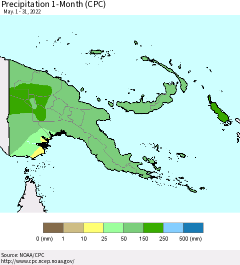 Papua New Guinea Precipitation 1-Month (CPC) Thematic Map For 5/1/2022 - 5/31/2022