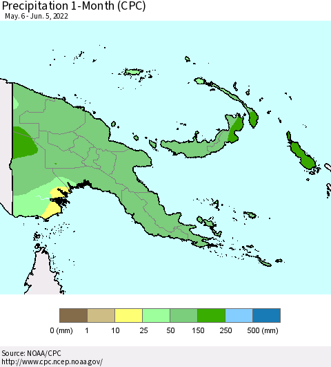 Papua New Guinea Precipitation 1-Month (CPC) Thematic Map For 5/6/2022 - 6/5/2022