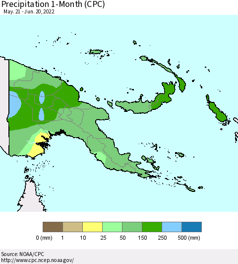 Papua New Guinea Precipitation 1-Month (CPC) Thematic Map For 5/21/2022 - 6/20/2022