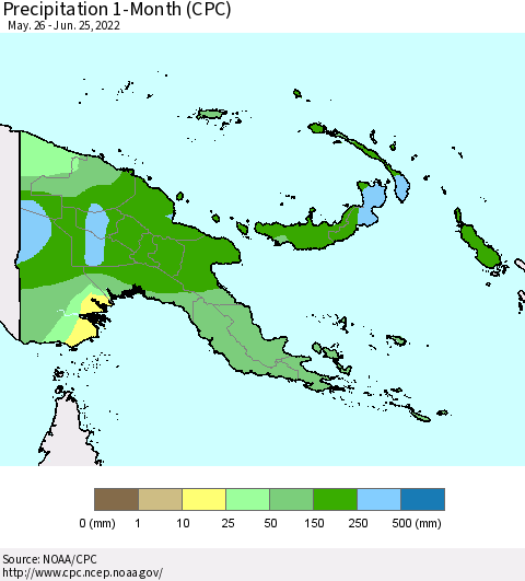 Papua New Guinea Precipitation 1-Month (CPC) Thematic Map For 5/26/2022 - 6/25/2022