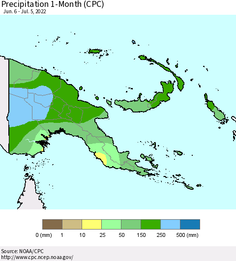 Papua New Guinea Precipitation 1-Month (CPC) Thematic Map For 6/6/2022 - 7/5/2022