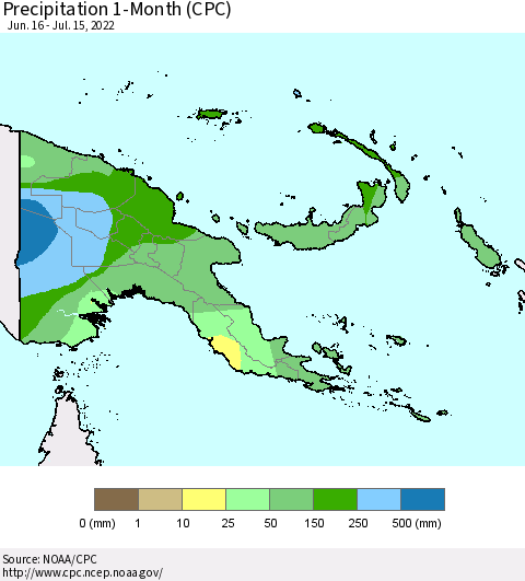 Papua New Guinea Precipitation 1-Month (CPC) Thematic Map For 6/16/2022 - 7/15/2022