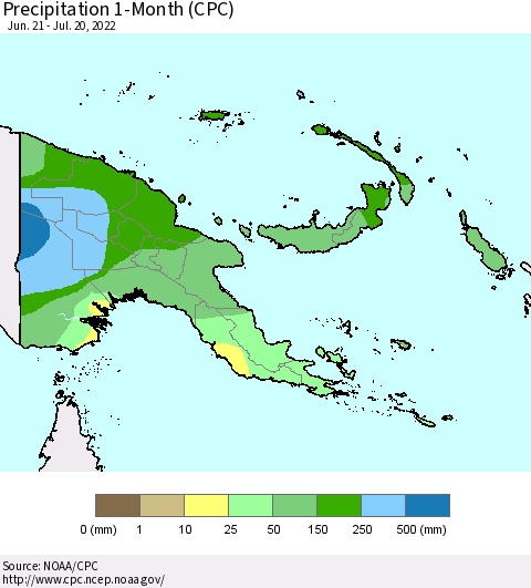 Papua New Guinea Precipitation 1-Month (CPC) Thematic Map For 6/21/2022 - 7/20/2022