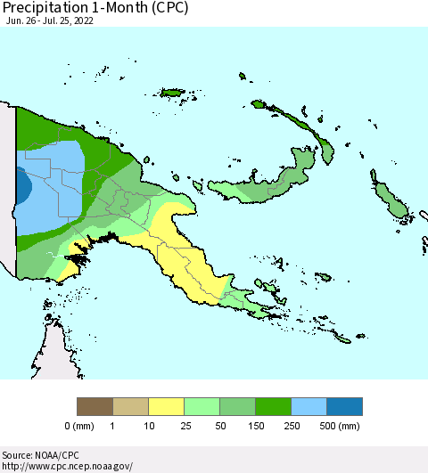 Papua New Guinea Precipitation 1-Month (CPC) Thematic Map For 6/26/2022 - 7/25/2022