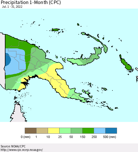 Papua New Guinea Precipitation 1-Month (CPC) Thematic Map For 7/1/2022 - 7/31/2022