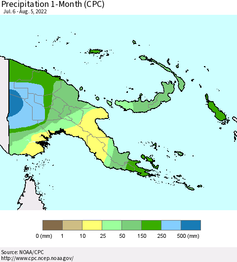 Papua New Guinea Precipitation 1-Month (CPC) Thematic Map For 7/6/2022 - 8/5/2022