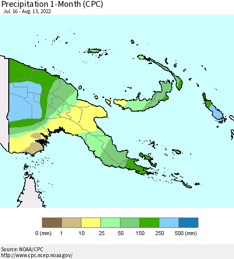 Papua New Guinea Precipitation 1-Month (CPC) Thematic Map For 7/16/2022 - 8/15/2022