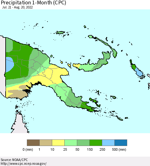 Papua New Guinea Precipitation 1-Month (CPC) Thematic Map For 7/21/2022 - 8/20/2022