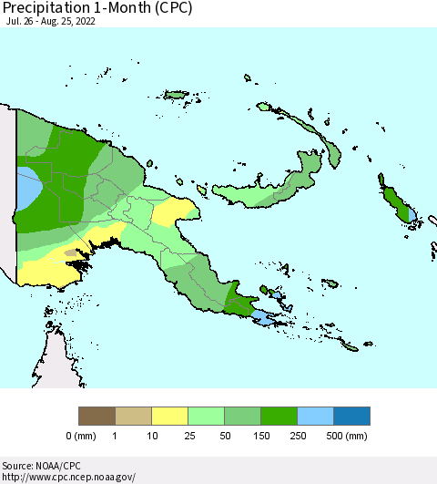 Papua New Guinea Precipitation 1-Month (CPC) Thematic Map For 7/26/2022 - 8/25/2022