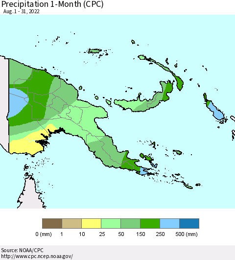 Papua New Guinea Precipitation 1-Month (CPC) Thematic Map For 8/1/2022 - 8/31/2022