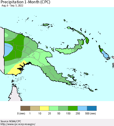 Papua New Guinea Precipitation 1-Month (CPC) Thematic Map For 8/6/2022 - 9/5/2022