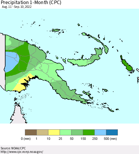 Papua New Guinea Precipitation 1-Month (CPC) Thematic Map For 8/11/2022 - 9/10/2022