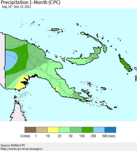 Papua New Guinea Precipitation 1-Month (CPC) Thematic Map For 8/16/2022 - 9/15/2022