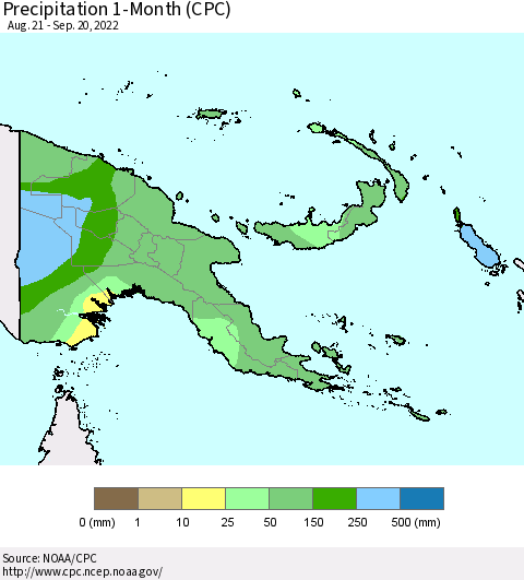 Papua New Guinea Precipitation 1-Month (CPC) Thematic Map For 8/21/2022 - 9/20/2022