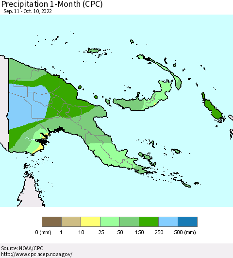 Papua New Guinea Precipitation 1-Month (CPC) Thematic Map For 9/11/2022 - 10/10/2022