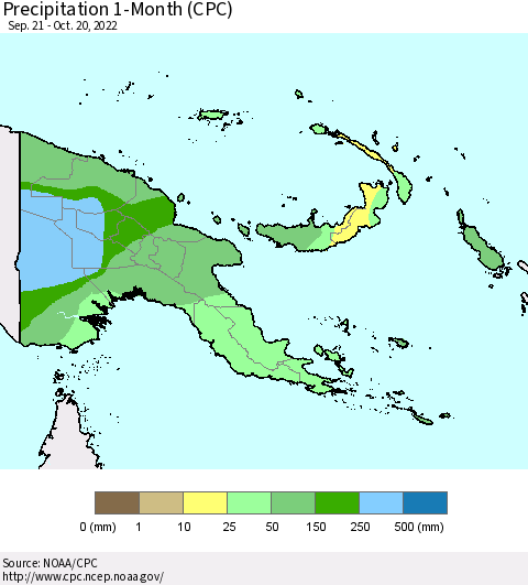 Papua New Guinea Precipitation 1-Month (CPC) Thematic Map For 9/21/2022 - 10/20/2022