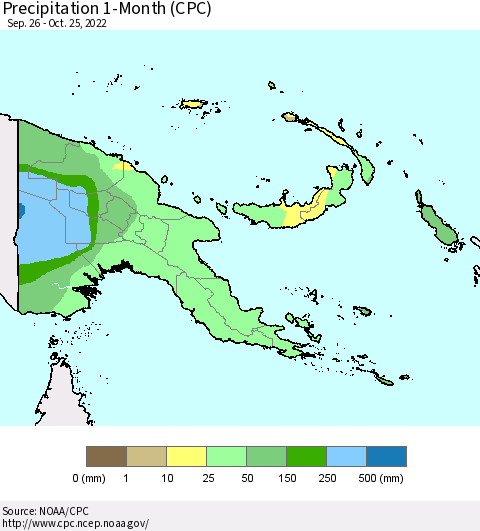Papua New Guinea Precipitation 1-Month (CPC) Thematic Map For 9/26/2022 - 10/25/2022
