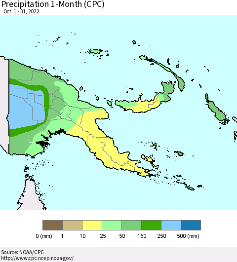Papua New Guinea Precipitation 1-Month (CPC) Thematic Map For 10/1/2022 - 10/31/2022