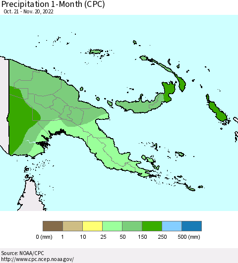 Papua New Guinea Precipitation 1-Month (CPC) Thematic Map For 10/21/2022 - 11/20/2022