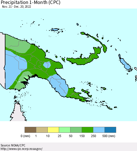 Papua New Guinea Precipitation 1-Month (CPC) Thematic Map For 11/21/2022 - 12/20/2022