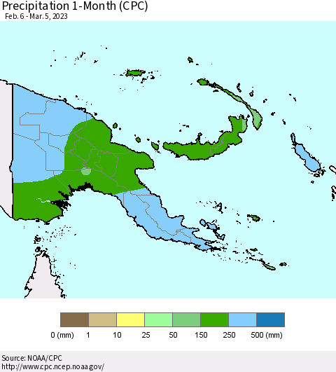 Papua New Guinea Precipitation 1-Month (CPC) Thematic Map For 2/6/2023 - 3/5/2023