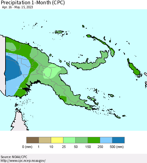 Papua New Guinea Precipitation 1-Month (CPC) Thematic Map For 4/16/2023 - 5/15/2023