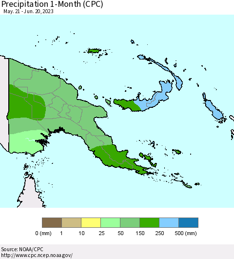 Papua New Guinea Precipitation 1-Month (CPC) Thematic Map For 5/21/2023 - 6/20/2023