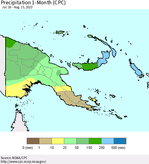 Papua New Guinea Precipitation 1-Month (CPC) Thematic Map For 7/16/2023 - 8/15/2023