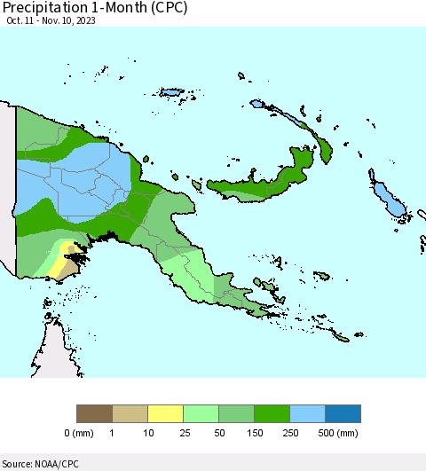 Papua New Guinea Precipitation 1-Month (CPC) Thematic Map For 10/11/2023 - 11/10/2023