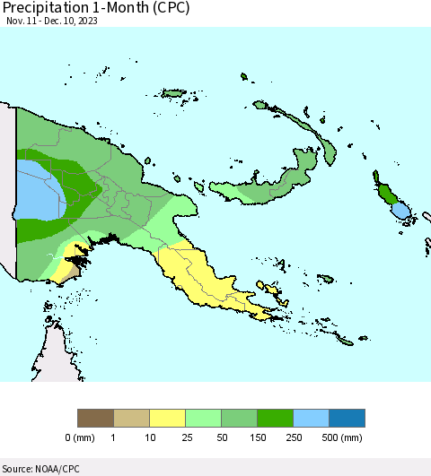Papua New Guinea Precipitation 1-Month (CPC) Thematic Map For 11/11/2023 - 12/10/2023