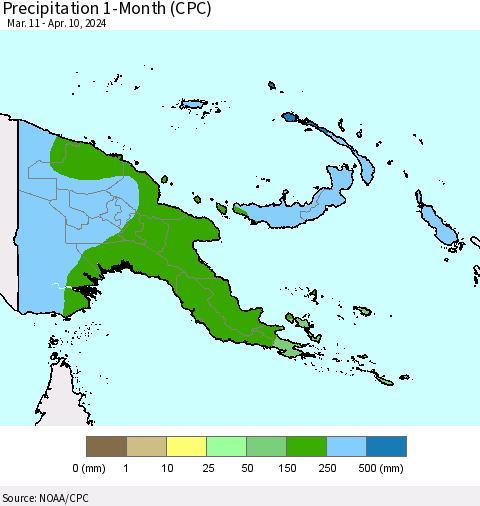 Papua New Guinea Precipitation 1-Month (CPC) Thematic Map For 3/11/2024 - 4/10/2024