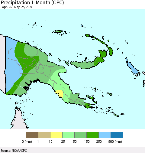 Papua New Guinea Precipitation 1-Month (CPC) Thematic Map For 4/26/2024 - 5/25/2024