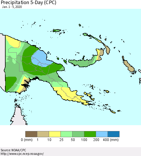 Papua New Guinea Precipitation 5-Day (CPC) Thematic Map For 1/1/2020 - 1/5/2020