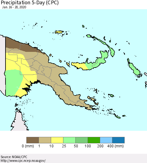Papua New Guinea Precipitation 5-Day (CPC) Thematic Map For 1/16/2020 - 1/20/2020
