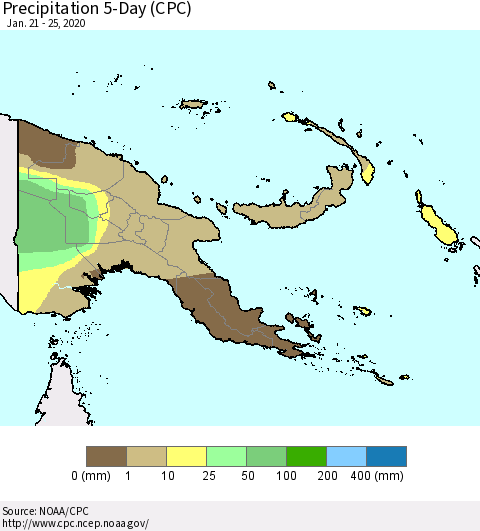 Papua New Guinea Precipitation 5-Day (CPC) Thematic Map For 1/21/2020 - 1/25/2020