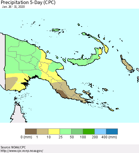 Papua New Guinea Precipitation 5-Day (CPC) Thematic Map For 1/26/2020 - 1/31/2020
