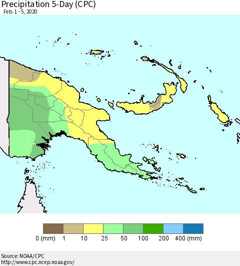 Papua New Guinea Precipitation 5-Day (CPC) Thematic Map For 2/1/2020 - 2/5/2020