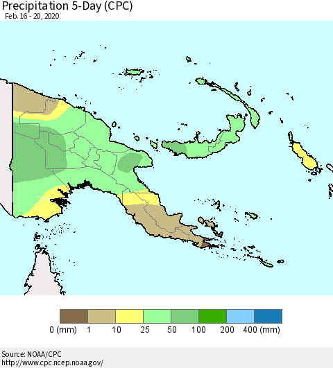Papua New Guinea Precipitation 5-Day (CPC) Thematic Map For 2/16/2020 - 2/20/2020