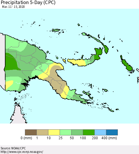 Papua New Guinea Precipitation 5-Day (CPC) Thematic Map For 3/11/2020 - 3/15/2020