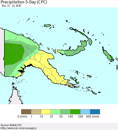 Papua New Guinea Precipitation 5-Day (CPC) Thematic Map For 3/21/2020 - 3/25/2020