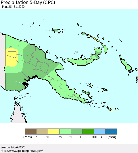 Papua New Guinea Precipitation 5-Day (CPC) Thematic Map For 3/26/2020 - 3/31/2020