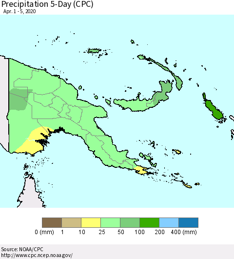 Papua New Guinea Precipitation 5-Day (CPC) Thematic Map For 4/1/2020 - 4/5/2020