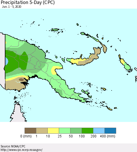 Papua New Guinea Precipitation 5-Day (CPC) Thematic Map For 6/1/2020 - 6/5/2020