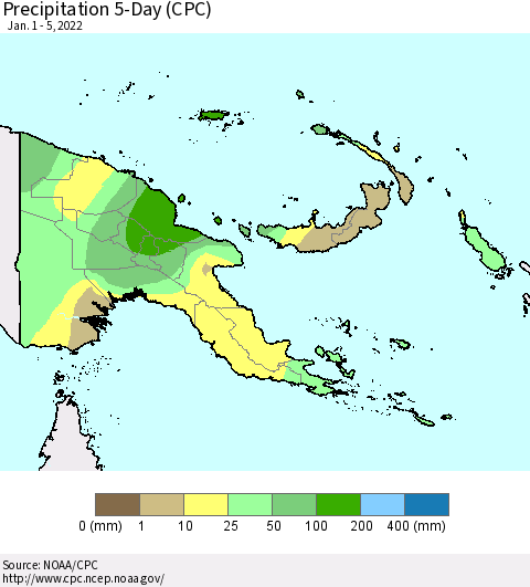 Papua New Guinea Precipitation 5-Day (CPC) Thematic Map For 1/1/2022 - 1/5/2022