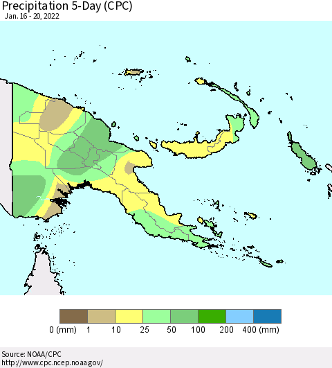 Papua New Guinea Precipitation 5-Day (CPC) Thematic Map For 1/16/2022 - 1/20/2022