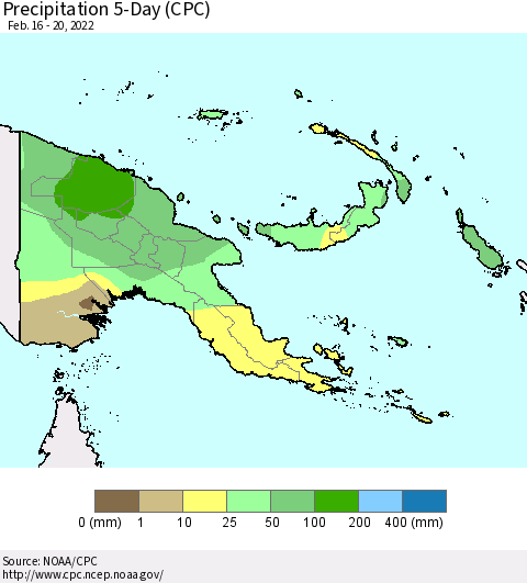 Papua New Guinea Precipitation 5-Day (CPC) Thematic Map For 2/16/2022 - 2/20/2022